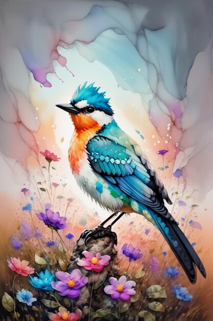 Watercolor style bird oil painting wallpaper illustration background azaleas magpies on flowers