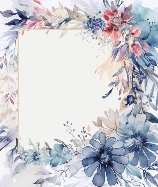 Watercolor style cold tone wildflowers and leaves decorated line frame on white background Created with Generative AI technology