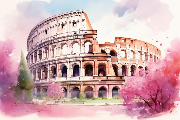 Photo watercolor style colloseum with flowers