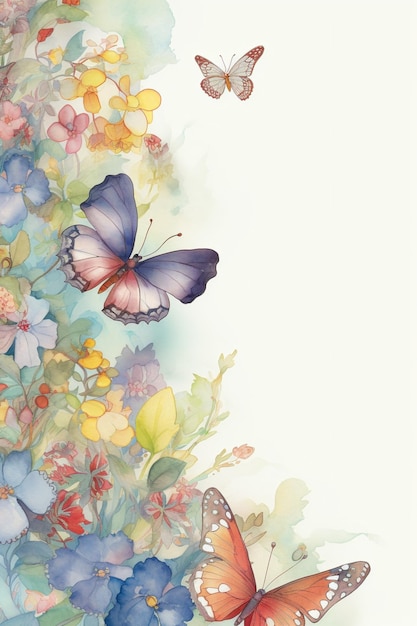 Нежные цветы и бабочки в акварельном стиле на белом фоне. Создано с помощью технологии генеративного искусственного интеллекта.