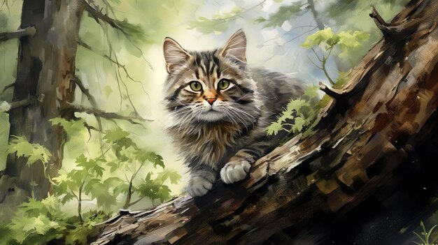 Watercolor style detailed and realistic cat in the forest