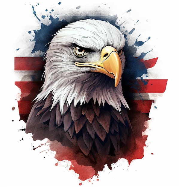 Watercolor style eagle sticker with US flag on background