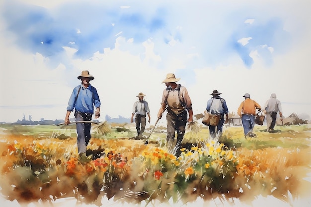 Watercolor Style Group of Workers in Fields Generative AI