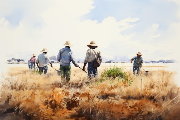 Watercolor Style Group of Workers in Fields Generative AI