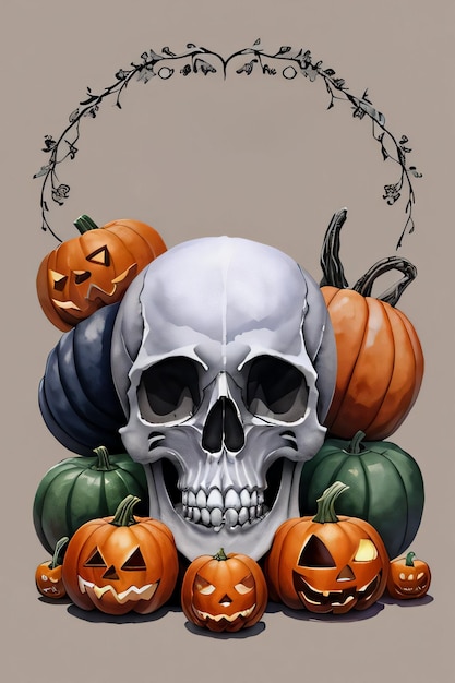 Watercolor Style Halloween Background with Skull And Pumpkin