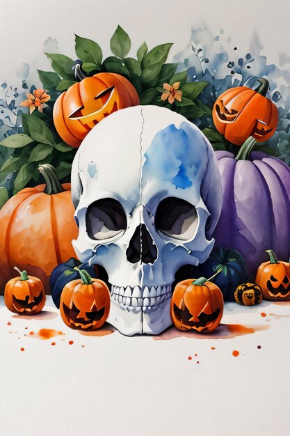 Watercolor Style Halloween Background with Skull And Pumpkin