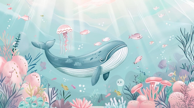 watercolor style illustration background landscape ocean where whales penguins fish and dolphins are