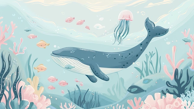 watercolor style illustration background landscape ocean where whales penguins fish and dolphins are