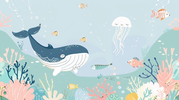 watercolor style illustration background landscape ocean where whales penguins fish and dolphins are