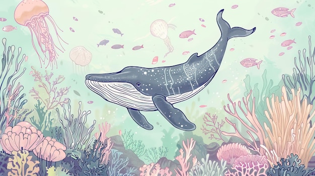 watercolor style illustration background landscape ocean where whales penguins fish and dolphins are