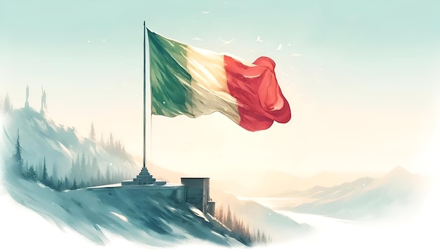 イタリアの解放日を象徴する水彩のイラストで大きな振り旗が描かれています