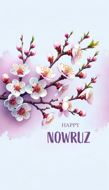 꽃이 피는 사탕수수 나무의 가지와 함께 nowruz에 대한 수채화 스타일의 일러스트레이션