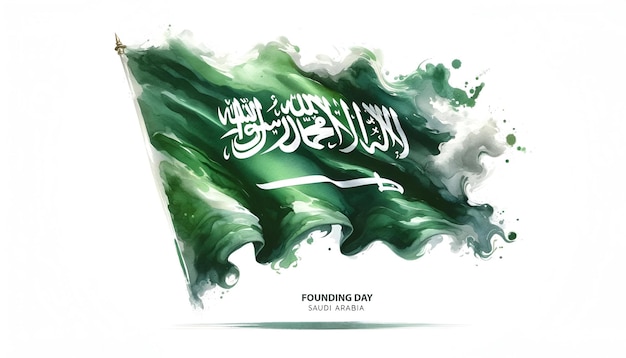 Watercolor style illustration of waving saudi arabia flag for founding day