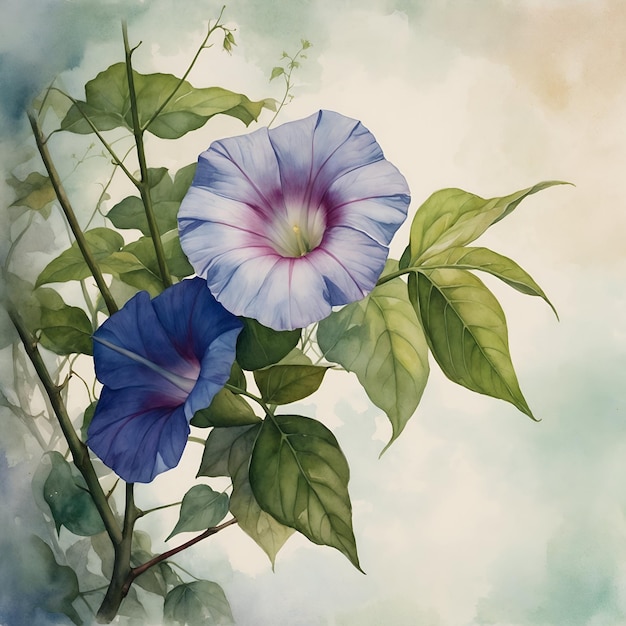 Watercolor style morning glory flowers branch