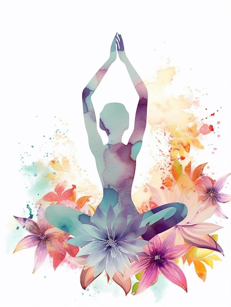 Watercolor style person practice yoga and meditating surrounded by colorful floral Created with Generative AI technology