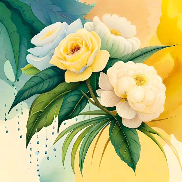 watercolor style set of floral bouquet leaves and branches peonys soft colors yellow and green w