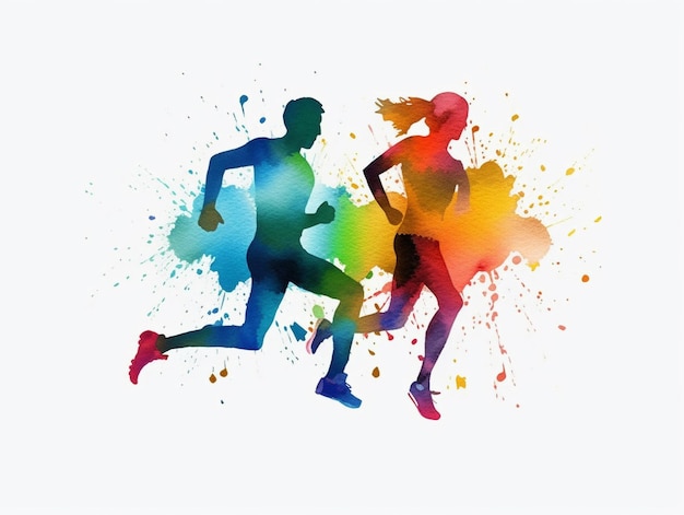 Watercolor style silhouette of couple running with colorful paint splash on white background Created with Generative AI technology