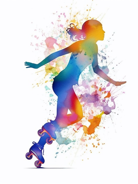 Watercolor style silhouette of girl roller skating with colorful paint splash on white background Created with Generative AI technology