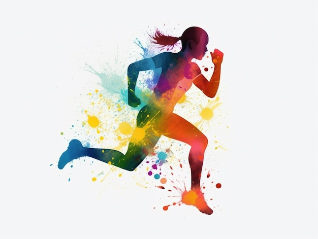 Watercolor style silhouette of girl running with colorful paint splash on white background Created with Generative AI technology