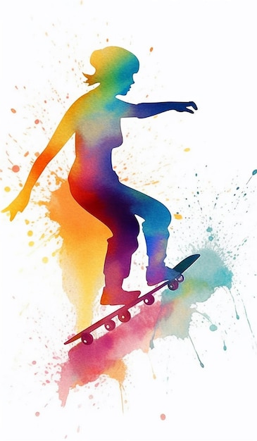 Watercolor style silhouette teenager skateboarding on colorful paint splash Created with Generative AI technology