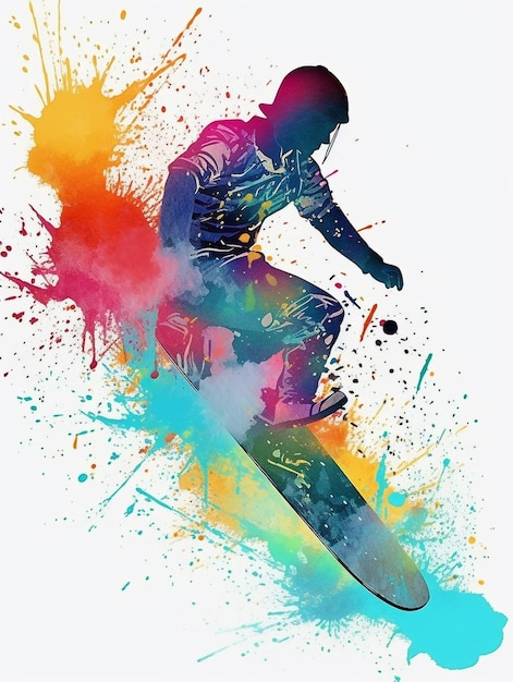 Watercolor style silhouette of teenager skateboarding on colorful paint splash Created with Generative AI technology