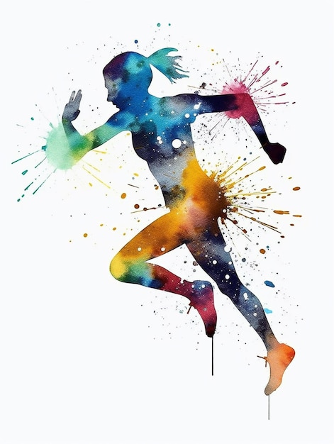 Watercolor style silhouette of woman running with colorful paint splash on white background Created with Generative AI technology