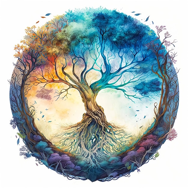 Watercolor style tree of life mythological sacred tree spiritual life concept Generative AI