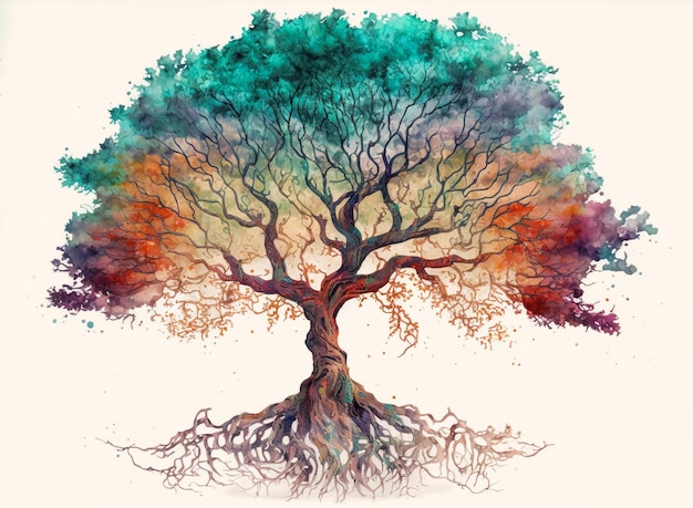 Watercolor style tree of life mythological sacred tree spiritual life concept Generative AI