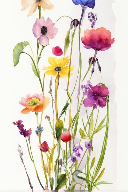 Photo watercolor style watercolour painting colorful different wildflowers generated by ai