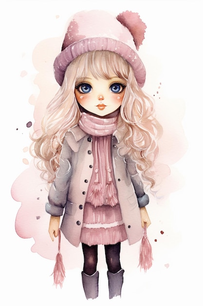 watercolor stylish cute girl doll