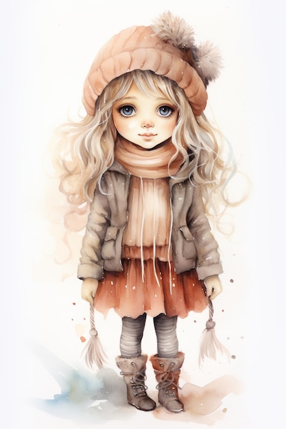 watercolor stylish cute girl doll