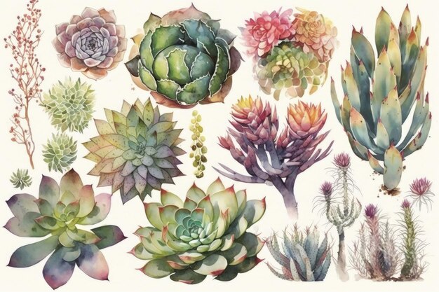 Watercolor succulent garden with different varieties and colors of plants