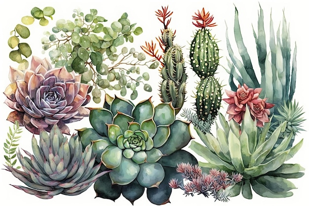 Watercolor succulent garden with mix of different plants and varieties