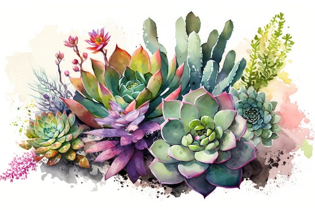 Watercolor succulent garden with mix of different varieties and colors