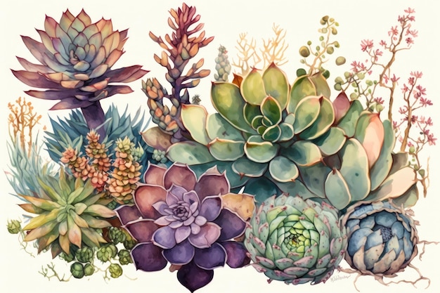 Watercolor succulent garden with multiple varieties of plants and flowers