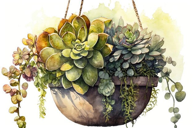 Watercolor succulent plant in hanging basket surrounded by natural light created with generative ai