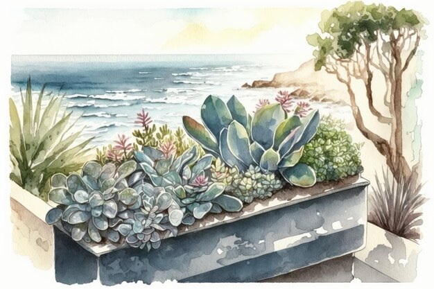 Watercolor succulent plants growing in raised planter with view of tropical landscape