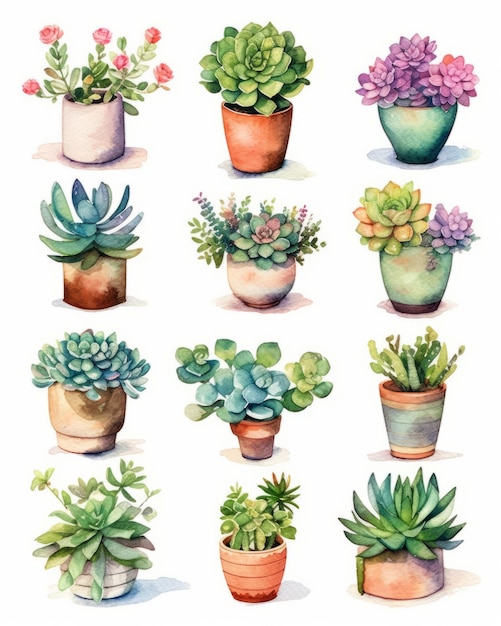 Watercolor succulent plants in pots