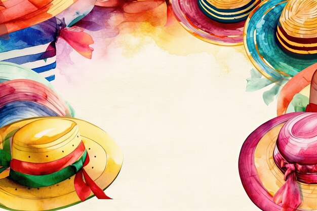 帽子と水彩の夏の背景 手描き水彩イラスト グリーティング カード