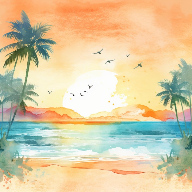 ビーチで水彩画夏の背景