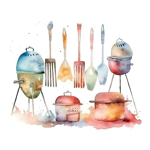 Photo watercolor of a summer barbecue