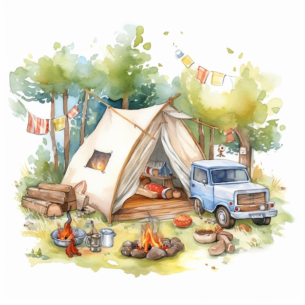 Watercolor Summer Camp Illustration