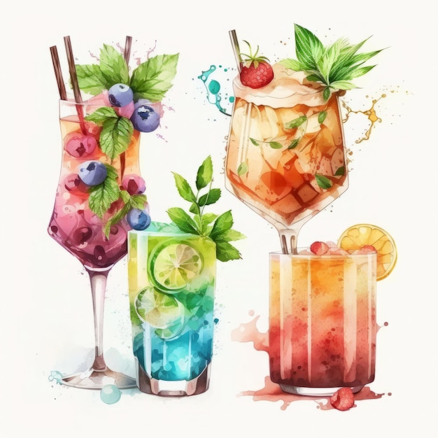 Watercolor summer cocktail Illustration AI GenerativexA