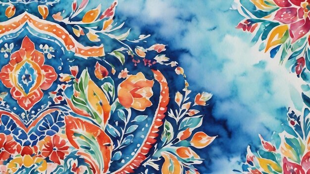 Watercolor summer ethnic border pattern blue