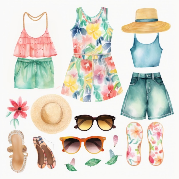 Photo watercolor summer fashion set hand drawn illustration with beach accessories