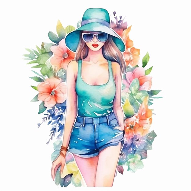 Watercolor Summer Fashion with flowers Clipart