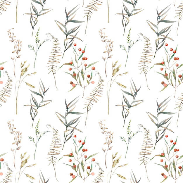 Watercolor summer field herbs seamless pattern. Hand painted texture with botanical elements: plants, grass, berries, fern, leaves. Natural repeating background