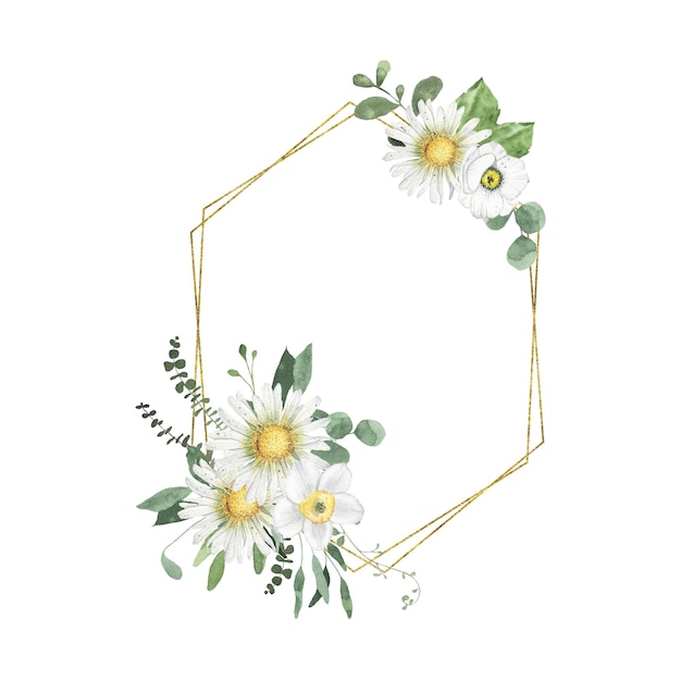 Photo watercolor summer floral fields golden geometrical wreath with daisy narcissus flowers