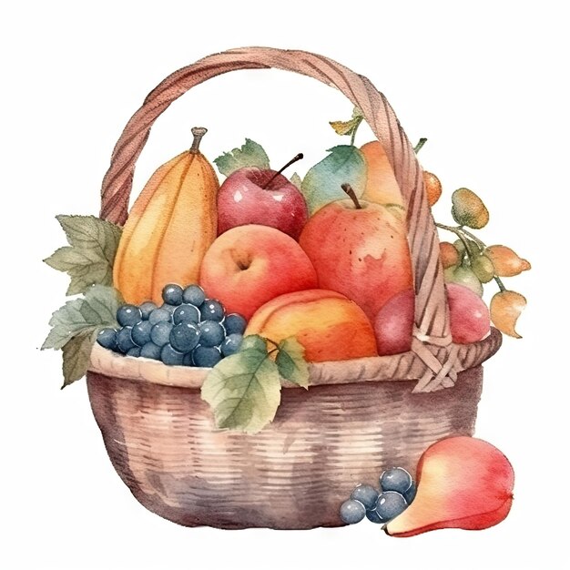 watercolor summer fruits and vegetables arranged in a basket