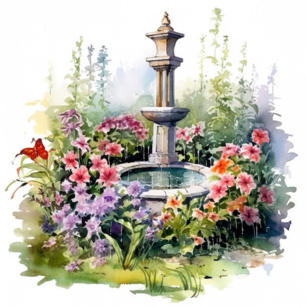 花と水彩の夏の庭のアーチ 水彩の手描きイラスト